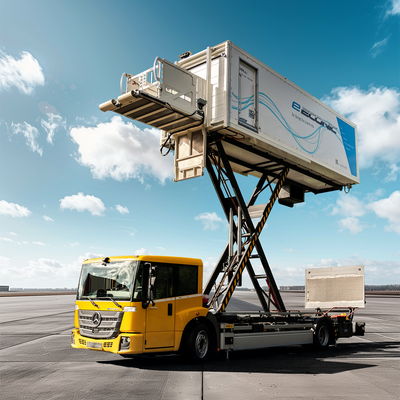 Yellow electric catering truck with elevated platform, set against a scenic blue sky and open landscape.