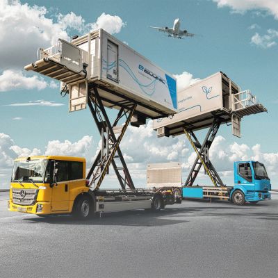 Electric catering trucks with elevated platforms servicing planes, featuring sustainable designs against a clear sky backdrop.