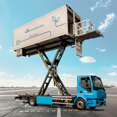 Blue electric catering Volvo truck with elevated platform labeled "KLM Catering Services," servicing planes under a clear sky.